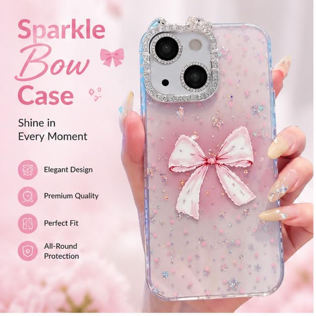 Image of mobistyle Designed for iPhone 13,Cute Sparkling Bow Pattern Camera Protection Back Cover Case for Women Girls | iPhone 13,Pink |
