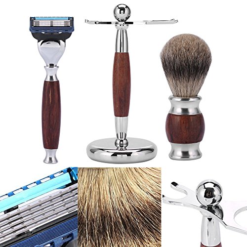 Men\'s Wood Shaving Set, Wet Grooming Shaving Set with Rosewood 5 Layer Razor, Wood Brush and Stainless Steel Stand, Perfect Gift for Boyfrien and Father