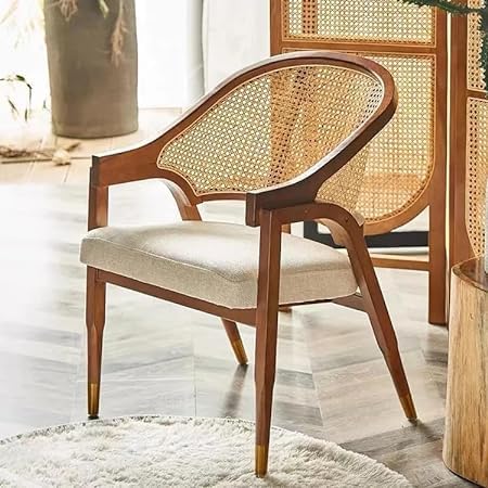 Image of R B Home Decor Solid Wooden Chair Rattan Arm Chair for Living Room, Bedroom & Home, Brown Colour, (45D x 65W x 95H Centimeters