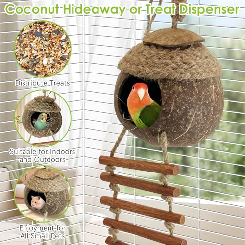 Image of Tfwadmx Coconut Bird Nest Hut with Ladder Natural Coconut Fiber Shell Hanging Coco Birds House Parrot Cage Decor for Parrot Cockatiel Lovebird Finch