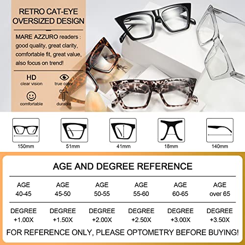 Mare Azzuro Cat Eye Reading Glasses 2.50 Women Oversized Readers 0 1.0 1.25 1.5 1.75 2.0 2.25 2.5 2.75 3.0 3.5 4.0 5.0 6.0 (Black, 250) #TOP4