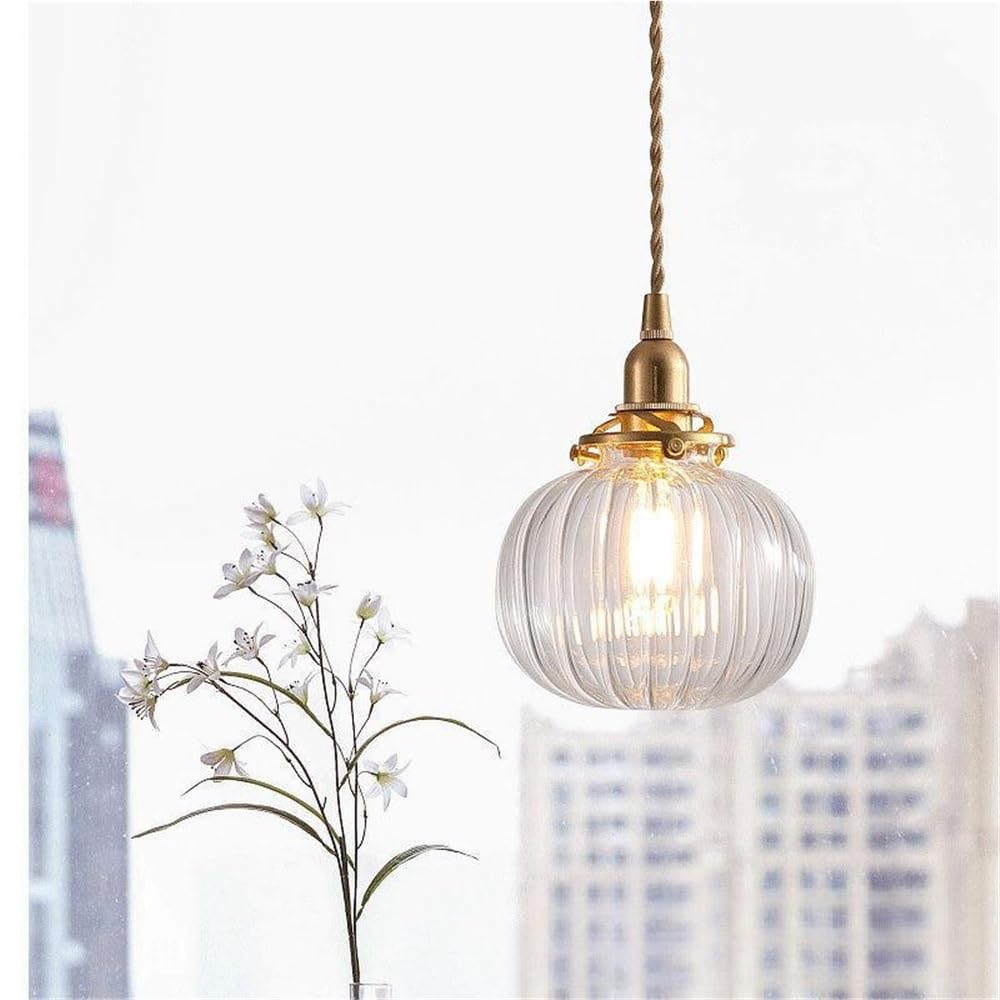 Pendelleuchte Geriffeltes Glas Kugel, Hängelampe Messing Vintage Klar Kronleuchter Landhausstil für Schlafzimmer Esszimmer