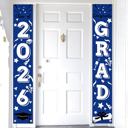 Image of Graduation Porch Banner Class Sign Congrats Grad Hanging Flags High School College University Party Decoration For Front Door Outdoor Blue White