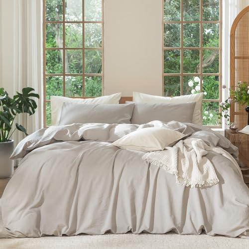 Image of MooMee Duvet Cover Set 100% Washed Cotton Linen Like Twin | Relaxed Linen-like Texture. Soft, Breathable & Long-lasting Comfort. Lightweight. Hidden Zipper with 8 Interior Corner Ties