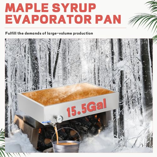 Image of Maple Syrup Evaporator Pan 15.5Gal 304 Stainless Steel Maple Syrup Evaporator with Valve and Thermometer 30 x 20 x 6 Inch Feed Pan for Boiling Maple Syrup for Home and Outdoor Use