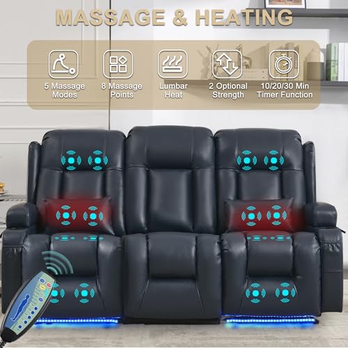 Image of URRED Power Loveseat Recliner Sofa with Massage and Heat, Wall Hugger Reclining Loveseat with Console, RV Couch Home Theater Seating with LED Lights for Living Room (Dark Blue, 76.8 inch - 3 Seats)