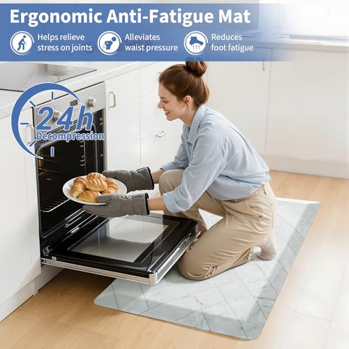Image of UKISS 9 /10 Marble-Pattern Extra Thick Cushioned Kitchen Mat, Non-Slip Waterproof Comfort Memory Foam Standing Desk Mat, Ergonomic Anti Fatigue Floor Mat for Kitchen, Office (Teal, 20 inch X 32 inch)