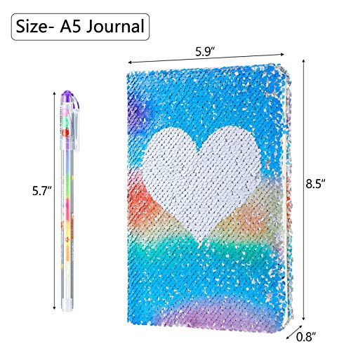 Image of Outus 4 Pcs Sequin Girls Journal Valentines Journal Gift with Color Gel Ink Pens Glitter Notebook Flip Writing Diary for Kids Girl Writing Drawing Travel Gifts(Candy Color,Heart)