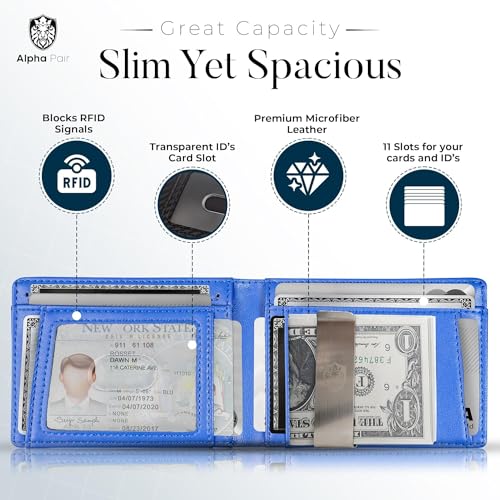 Image of Slim Wallet for Men - RFID Men Wallets with Money Clip and 12 Cards Holder - Compact Minimalist Mens Wallets Leather - Modern Bifold Wallet for Men - Black Men's Wallet Front Pocket Thin - Blue