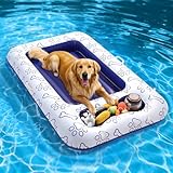 MoKo Dog Pool Float, 59 x 35 Inch Pool Floats for Small, Medium and Large Dogs, Floating Bed with Built-in Storage Area for Pet Toys and Food, Inflatable Dog Pool Float for Lake Camp, Blue Bone Claw