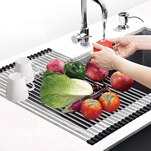 Roll Up Dish Drainer Rack L Size 18.5” X 15” - Foldable Over Sink Dish Rack with Silicone Wrapped Edge and 20 Heavy Duty Stainless Steel Pipes, Heat Resistant Mat Dish Drying Rack for Kitchen Cleanup Cover