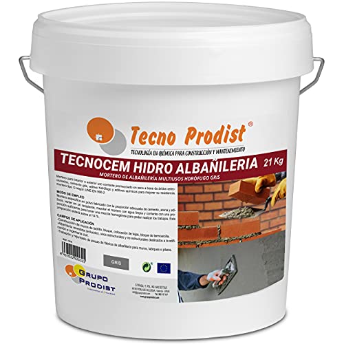 TECNOCEM HIDRO ALBAÑILERÍA de Tecno Prodist (21 Kg) Mortero de cemento para trabajos de albañilería y construcción, hidrófugo, ideal para revocos, enlucidos y colocación de ladrillos. Color Gris.