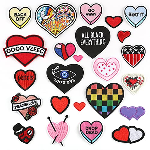 Iron On Patches for Clothing Embroidered Patches Decoration DIY Craft Patches Sew On/Iron On Patches Applique for Clothes Dress Pants Hats Jeans Backpacks (Heart-24Pcs)