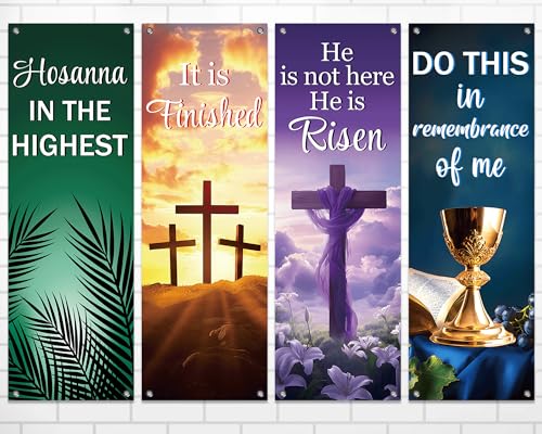 4Pcs Easter Church Banners for Sanctuary Wall Welcome Religious Banners Hanging Backdrop Easter Porch Signs Bible Verses Banner Scripture Hanging Signs for Church School Decor