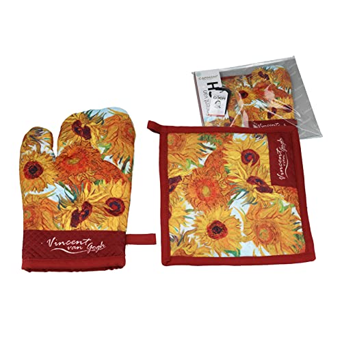 CARMANI - Decorative Oven Glove and Pot Holder Heat Resistant Non-Slip for Cooking, Baking, Grilling Printed with Vincent Van Gogh, Sunflowers