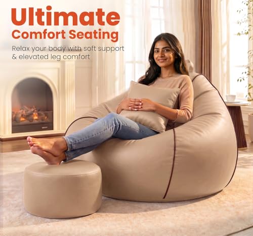 Image of Sattva Piping 5XL Sofa Style Bean Bag Chair with Beans Filled | Faux Leather Bin Bag Sofa Combo + Footstool & Cushion | Filled Beanbags for Adult & Teens | Beans Bag with Beans | Beige /Brown Piping