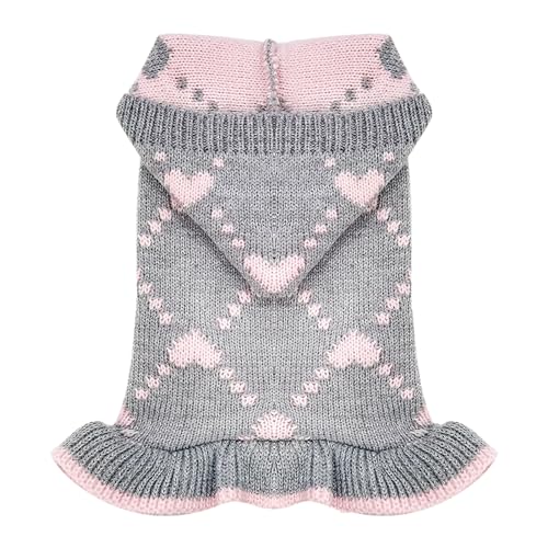 HRTTSY-Cute-Dog-Sweater-Soft-Warm-Fall-Winter-Female-Dog-Cat-Clothes-with-Leash-Hole-Pink-Hearts-Hooded-Puppy-Sweater-Dress-for-Small-Dogs-Girl-Chihuahua-Pug-Outfits-Pet-Holiday-CostumeGreyXS