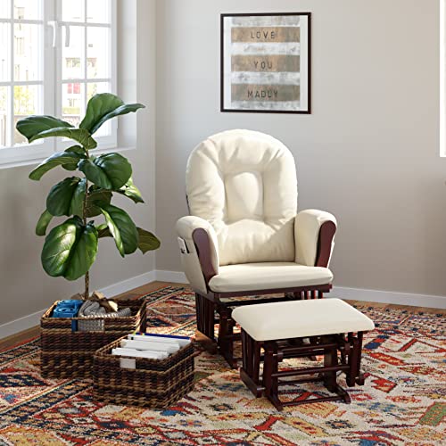 Storkcraft Premium Hoop Glider and Ottoman (Cherry Base, Beige Cushion) &ndash; Padded Cushions with Storage Pocket, Smooth Rocking Motion, Easy to Assemble, Solid Hardwood Base