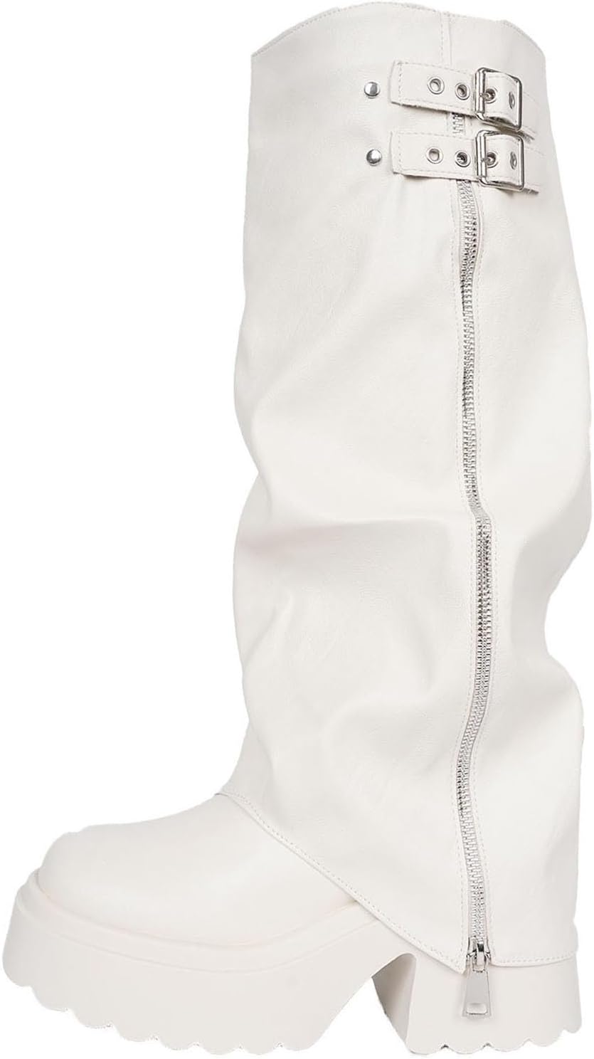 Black Wide Calf Foldover Boots for Women:Fashion Winter Warm Knee High Booties Fall Y2k Festival Concert Punk Footwear