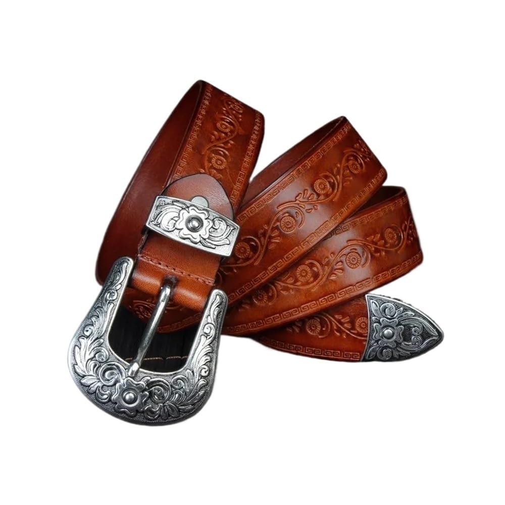 Cmis Kbei Unisex Light Brown Court Style Embossed Western Cowboy Steel Buckle Belt Genuine Leather Men Belt Punk Jeans Belts For Men(120Cm,)