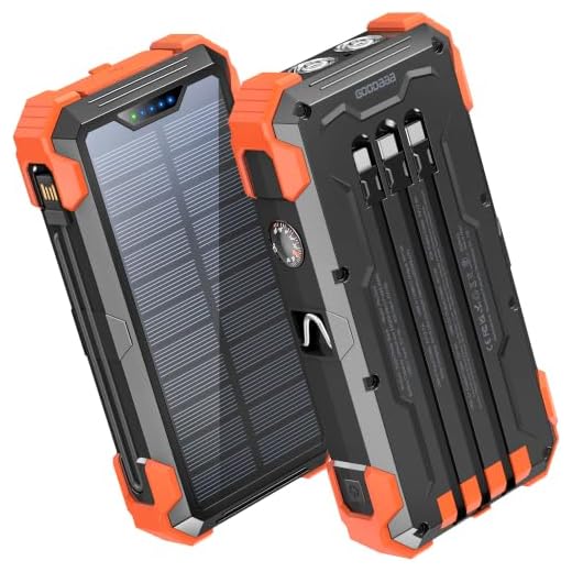 GOODaaa Solar Power Bank 24000mAh, Portable Charger with 4 Built-in Cables