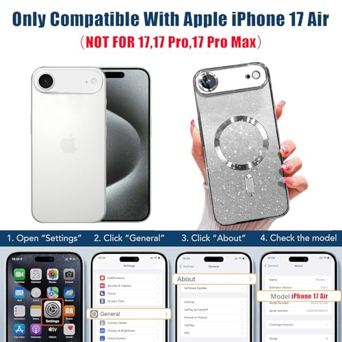 Image of Misscase for iPhone Air Case Compatible with MagSafe,Built-in Camera Lens Protector Full Protection Soft TPU Anti-Scratch Magnetic Glitter Slim Case Cover for iPhone 17 Air 6.5 inch Silver