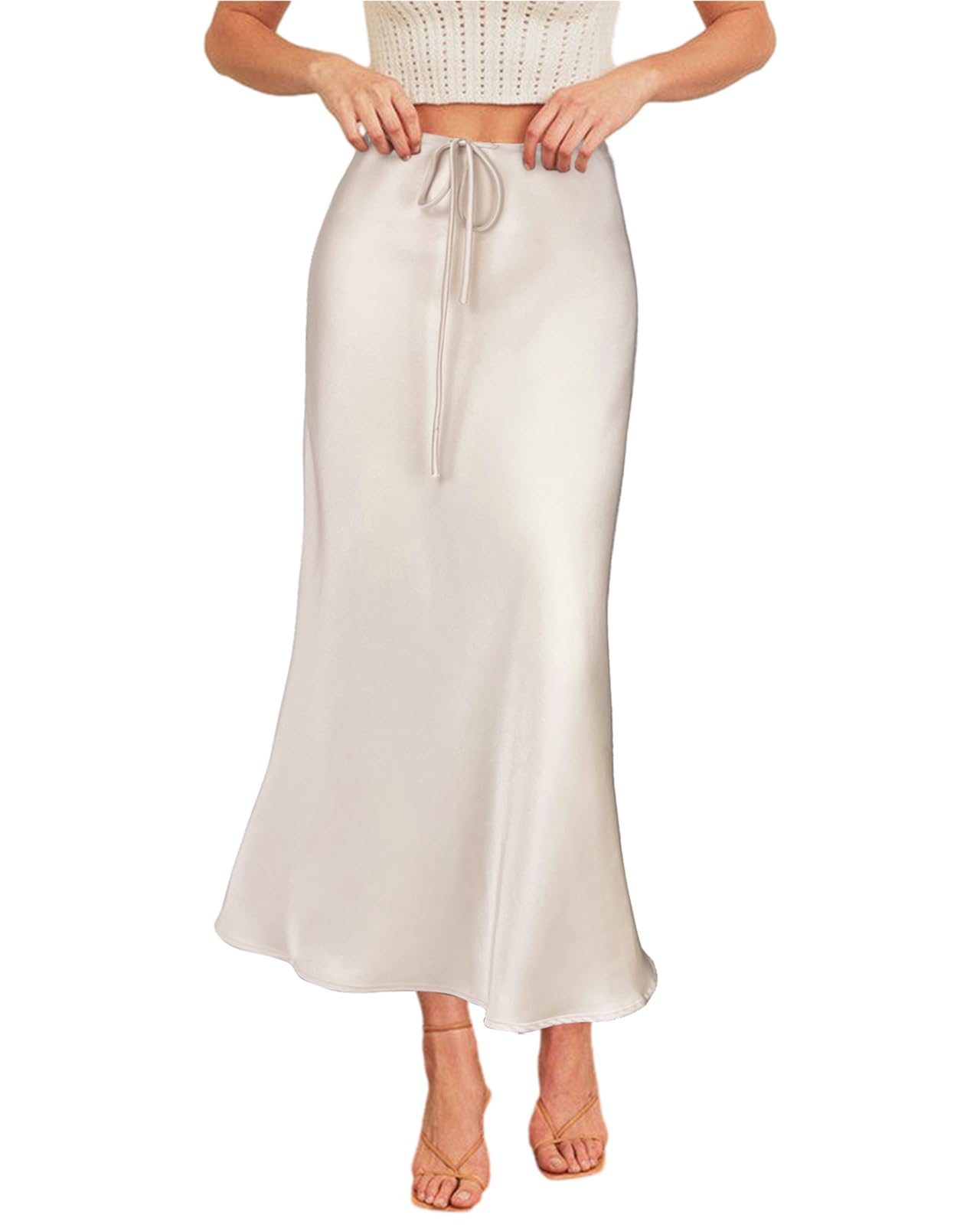 VividHarborWomen's Drawstring Satin Maxi Skirt High Waist Silk A Line Flowy  Long Skirts