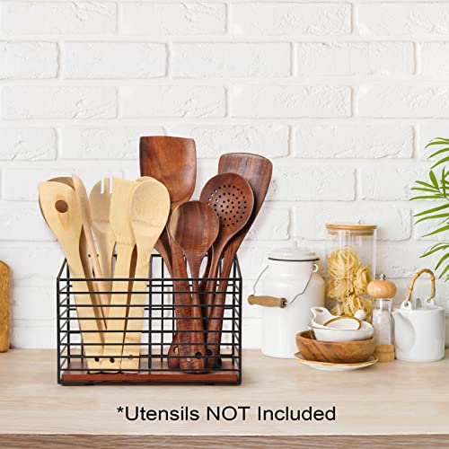THYGIFTREE Kitchen Organizer for Counter - Large Black Metal Cooking Utensil Holder with Wooden Base - Modern Farmhouse Utensil Caddy - Image 2