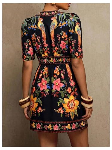 Image of RoseSeek Women's Boho Tropical Floral Dress V Neck Puff Sleeve Mini Dresses