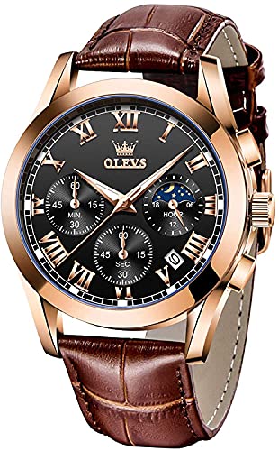 OLEVS Mens Watch Watches Leather Waterproof Date Analog Quartz Watches Fashion Chronograph Moon Phase Wrist Watches for Men Black and Gold 2871, Black dial with brown band, Casual and Business