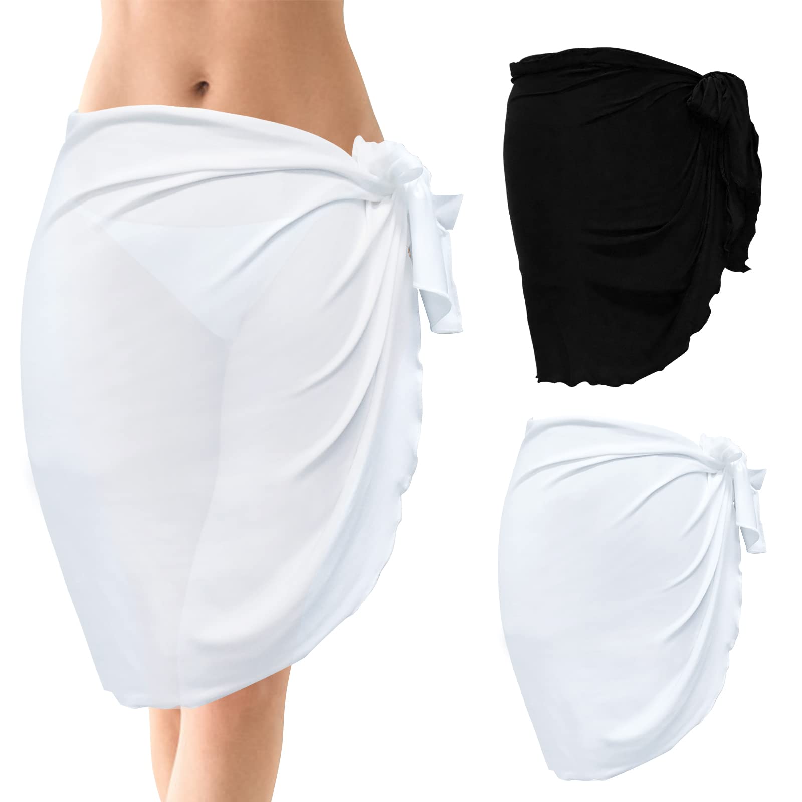 Daelesr 2 Pcs Pareo Playa Mujeres Negro Blanco, Vestido Envolvente Sarongs de Gasa, Sexy Bikini Cubierta Sarong Corto, Traje de Baño para Damas Mujer Vacaciones Piscina Verano Playa,156x50cm