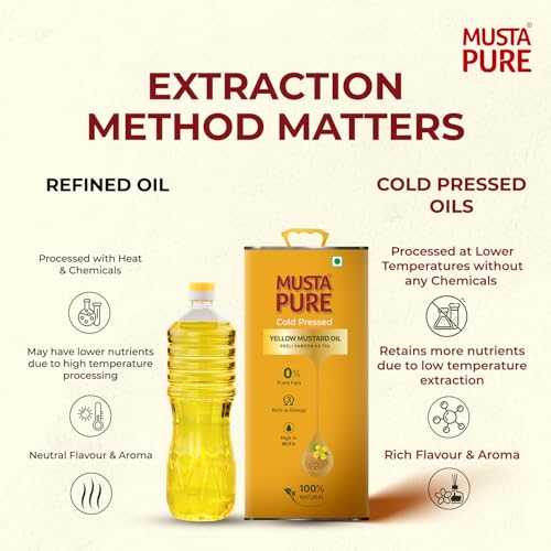 Image of Musta Pure Cold Pressed Yellow Mustard Oil 5 Litre Cooking Oil, Unrefined, Naturally Cholesterol Free, A1 Grade Real Mustard Seeds For Natural Aroma & Flavour For Roasting, Frying, Baking - Tin