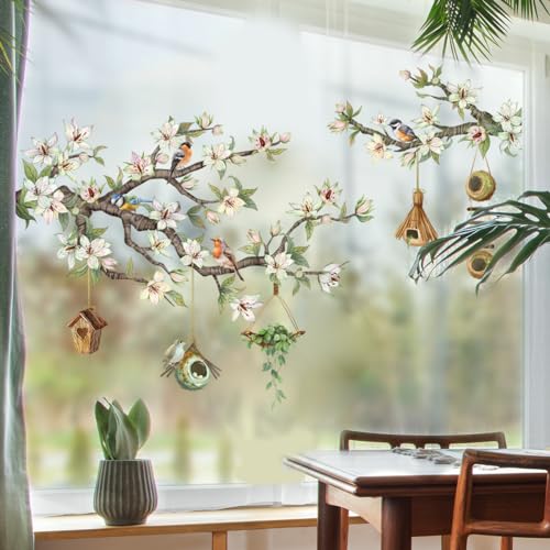 SHUCHING Stickers Fenêtre Branche de Fleur Blanche, Autocollants Fenêtre Réutilisable Fleurs et Oiseaux Décoration Électrostatiques Vitre Salle de Bain