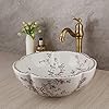   White-Bathroom-Flower-Vessel-Sink-With-Antique-Brass-Faucet-And-Drain-Round-Ceramic-Vessel-Sink-Basin-Bowl-Floral-Bird-Vessel-Sink-White-Bathroom-Sink-Above-Counter-Bowl-Sinks-For-Bathroom