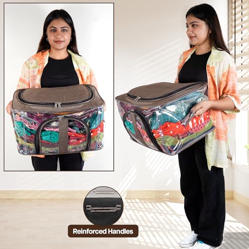 Image of Storite 2 Pack Nylon 33 L PVC Transparent Moisture Proof Storage box for Clothes Closet Wardrobe Organizer for Clothes Saree Bags with Carry Handle (Brown, 44L x 31W x 24H cm)