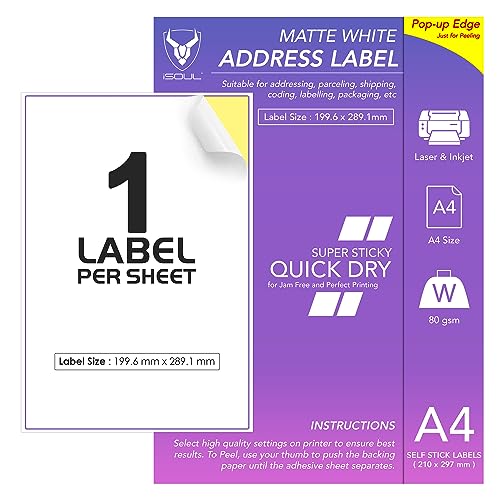 1 Labels Per A4 Sheet 50 Sheets 50 Sticky Label Printable Sticker Paper iSOUL Matte Self Adhesive Address Mailing Shipping Postage Laser & Inkjet Printer Compatible [Quickdry]