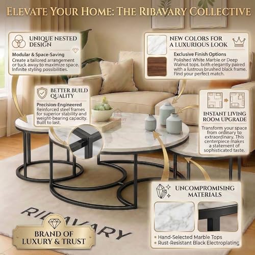 Image of Round Coffee Table Set of 3, Marble Laminated Accent Center Table with Sturdy Metal Base | Modern Foldable Nesting Stacking Tables for Living Room, Bedroom, or Apartments (Black White)
