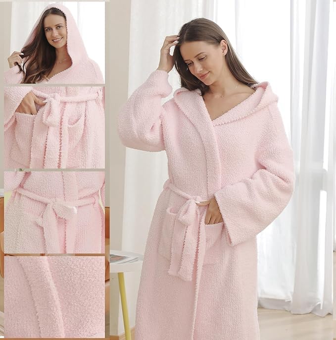 Image of bearberry Plush Hooded Bath Robe Women's Loungewear Sleep Robe Indoor Outfit
