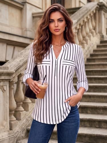 Image of Bulotus 3 /4 Length Sleeve Womens Striped Tops Zipper V Neck Collared Blouses Business Casual Tunics 2026 Spring Trendy