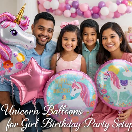 Image of Propsicle Unicorn Theme Pink Foil Balloons Birthday Decoration Kit for Girls, Pack of 5 with Star & Printed Round Balloons for Indoor Outdoor Photo Backdrop Decor