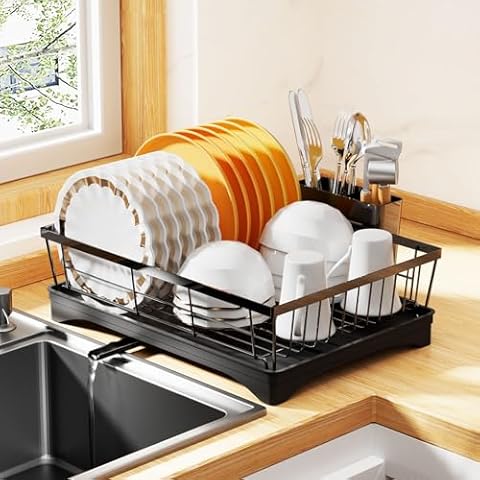 AIDIAM Dish Drying Rack for Kitchen Counter,Super Spacious&Compact Dish Rack,360° Rotary Spout, Cutlery/Tableware Holder,Rustproof Organizer Shelf with Drainboard,Black Sink Utensil Holder Cover