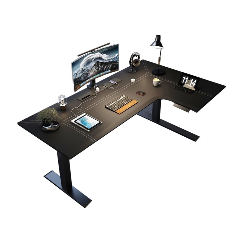 YNBSHGAA PC Desk Adjustable Height L-Shaped Leather PC Desk, Electric Corner Standing, Sit Stand Workstation with Charging Outlets,size_name-Large