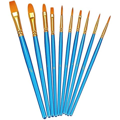 BOSOBO Paint Brush Set, 10pcs Round Pointed Tip Nylon Hair Artist Detail Paintbrushes, Professional Fine Acrylic Oil Watercolor Brushes for Face Nail Body Art Craft Model Miniature Painting, Blue Cover
