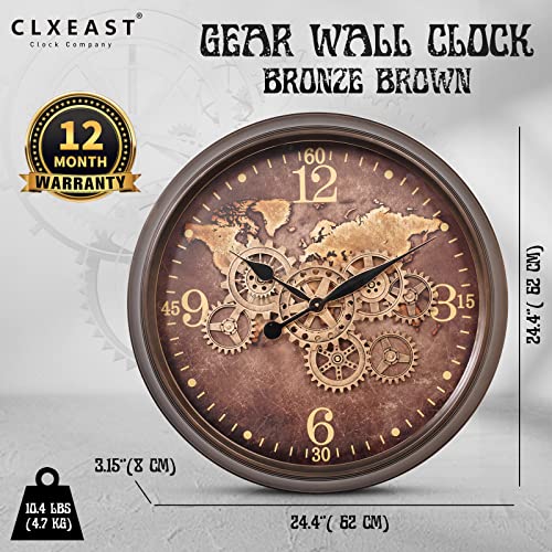 Clxeast 24 Inch Large Wall Clock With Moving Gears, Industrial World Map Modern Wall Decor Clock, Oversized Cool Silent Wall Clock For Living Room Decor,Office,Oil Rubbed Bronze Brown #TOP1