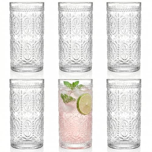 Bekith 6 Pack Romantic Drinking Glasses, 12 oz Highball Glasses, Thick Water Glasses, Tall Glass Cups for Beverages, Beer, Cocktail, Vintage Glassware Set for Dinner Parties, Bars, Restaurants