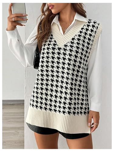 Image of MakeMeChic Women's Houndstooth Sweater Vest Sleeveless V Neck Loose Tops Black and White Large