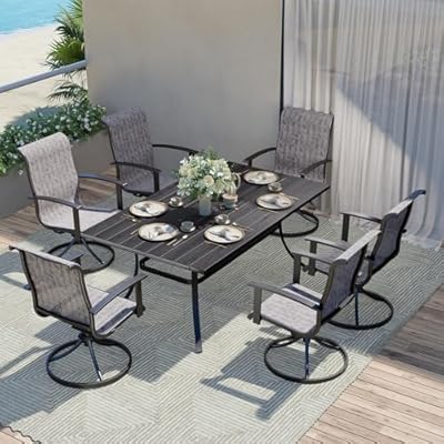 Grand patio 7-Piece Patio Dining Set for 6, Outdoor Dining Set with Swiviel Patio Chairs & 1 Rectangular Woodgrain Dining Table with Umbrella Hole, Black & Grey Plaid