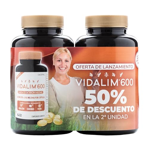 Vidalim 600. Omega 3 de Microalgas. 360mg EPA + 240 mg DHA por cápsula. Alta concentración. Máxima pureza (120)