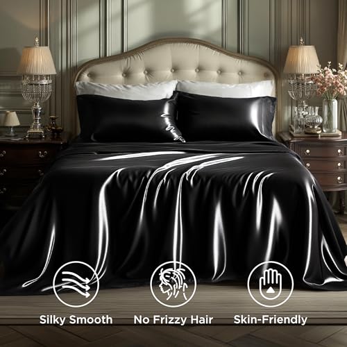 Image of Bedsure Black Satin Sheets Queen Size, Soft Silky Bedsheet for Hair & Skin