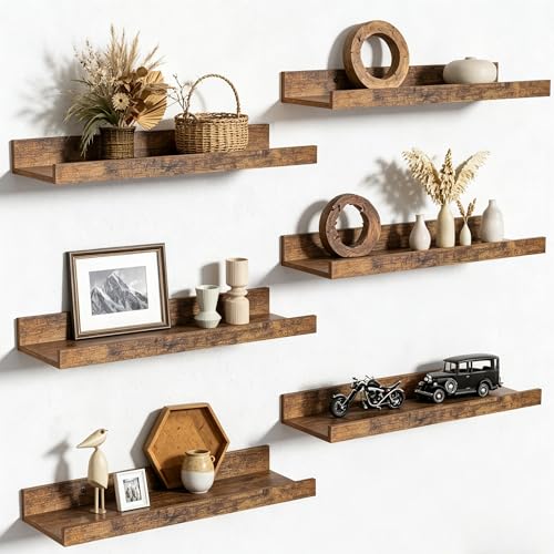 upsimples Floating Shelves for Wall, Wall Shelves for Decor Storage Set of 6, Wall Mounted Wood...